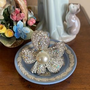 Vintage Rhinestone Floral Faux Pearl Brooch